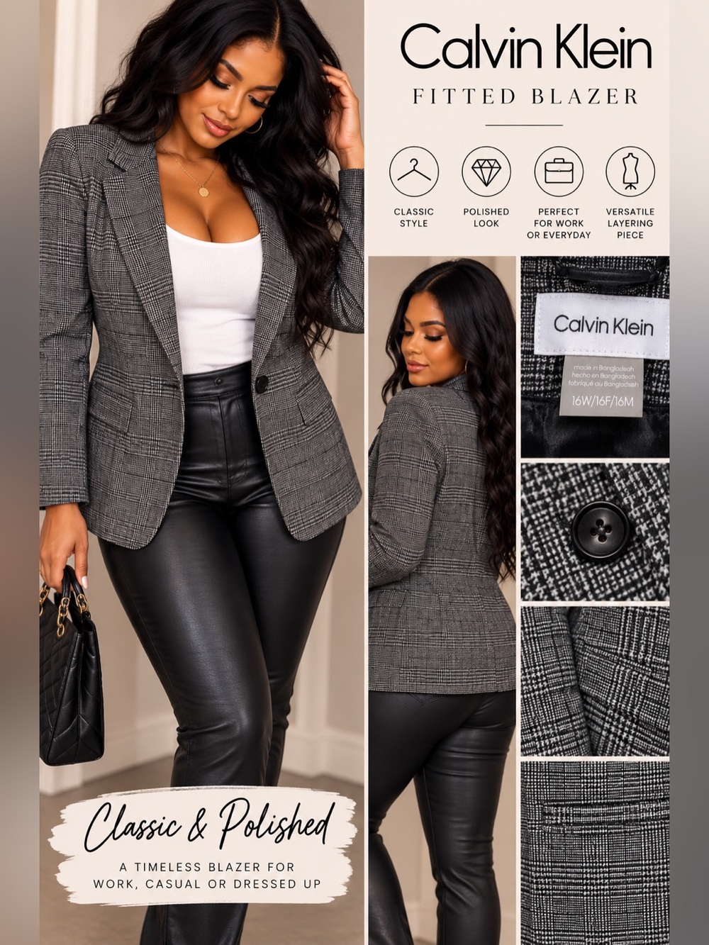Calvin Klein Women's Gray Plaid Fitted Blazer size 16W NWOT